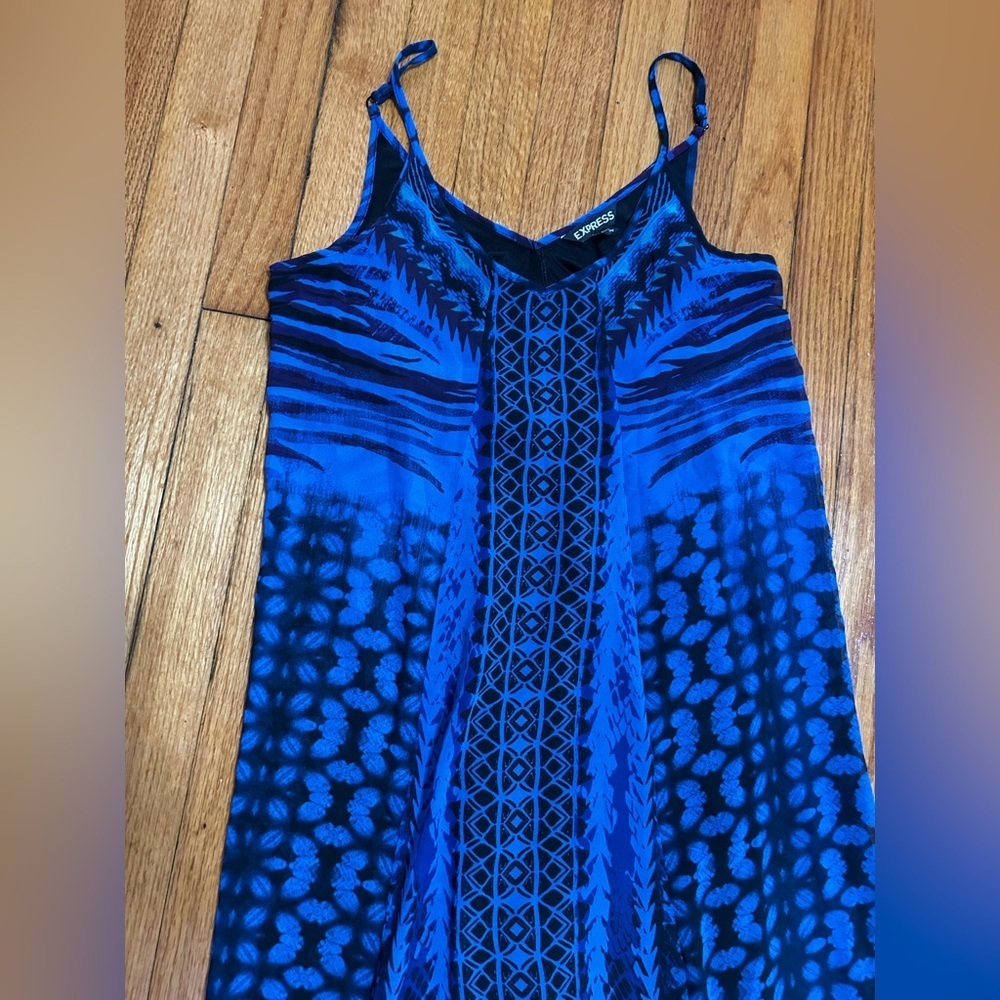 Express Blue Sheer Geometric Printed Sleeveless V Neck Maxi Dress Y2K - Picture 3 of 13
